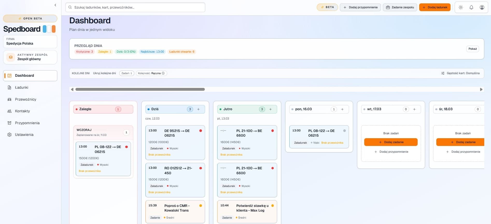 Pełny dashboard Spedboard w jasnym motywie z przeglądem dnia i tablicą kanban.